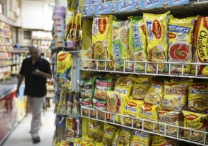 Packets of Nestle's Maggi instant noodles are seen on display at a grocery store in Mumbai
